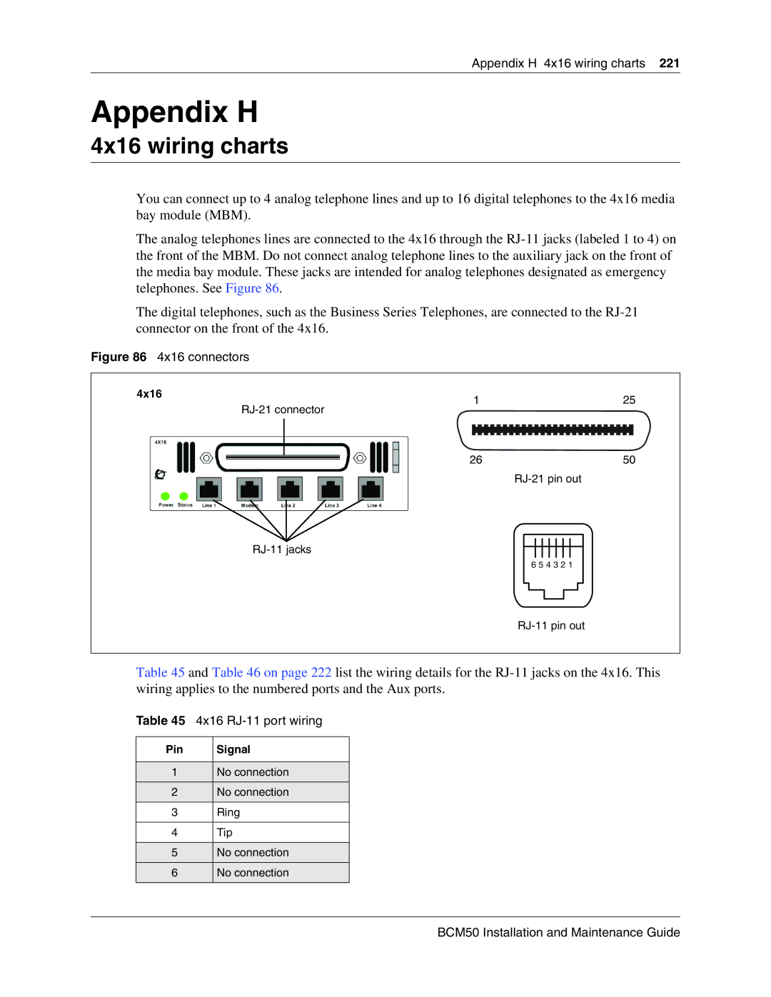 Nortel Networks BCM50 manual Appendix H 4x16 wiring charts, 4x16 RJ-11 port wiring 