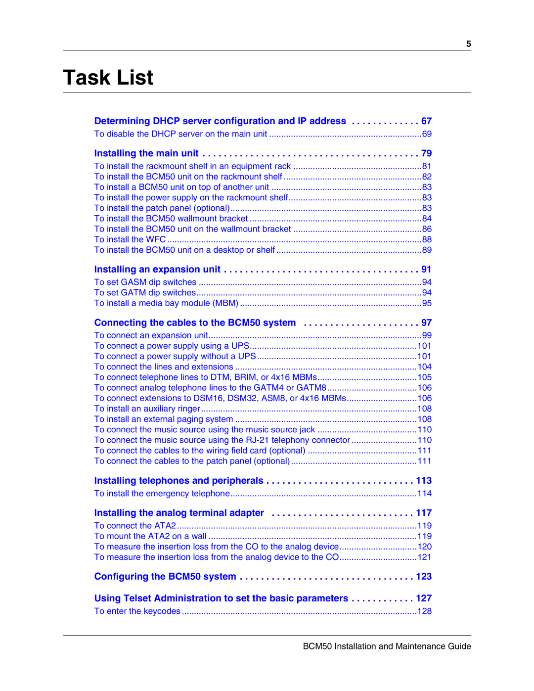 Nortel Networks BCM50 manual Task List, Installing the main unit 