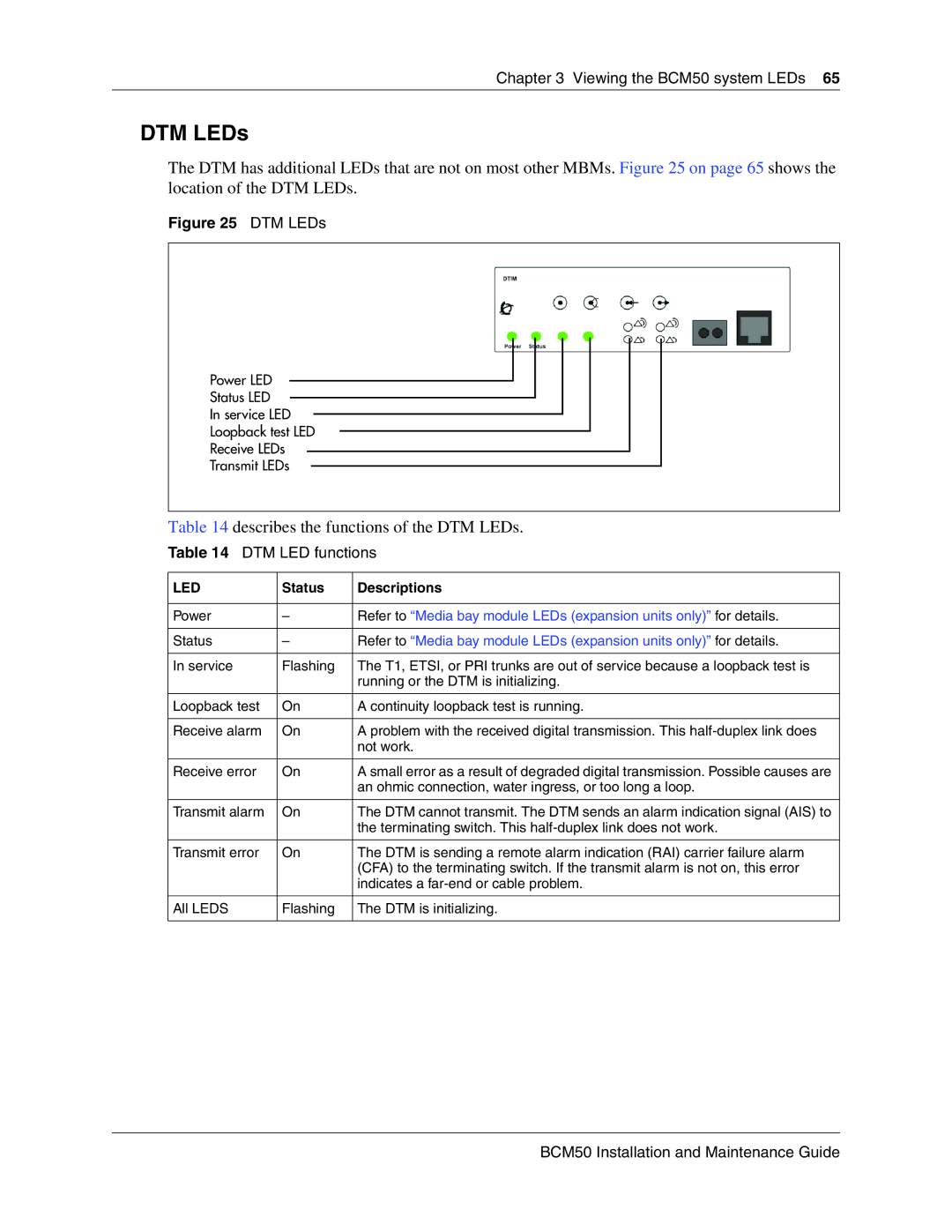 Nortel Networks BCM50 manual Describes the functions of the DTM LEDs, DTM LED functions, Status Descriptions 