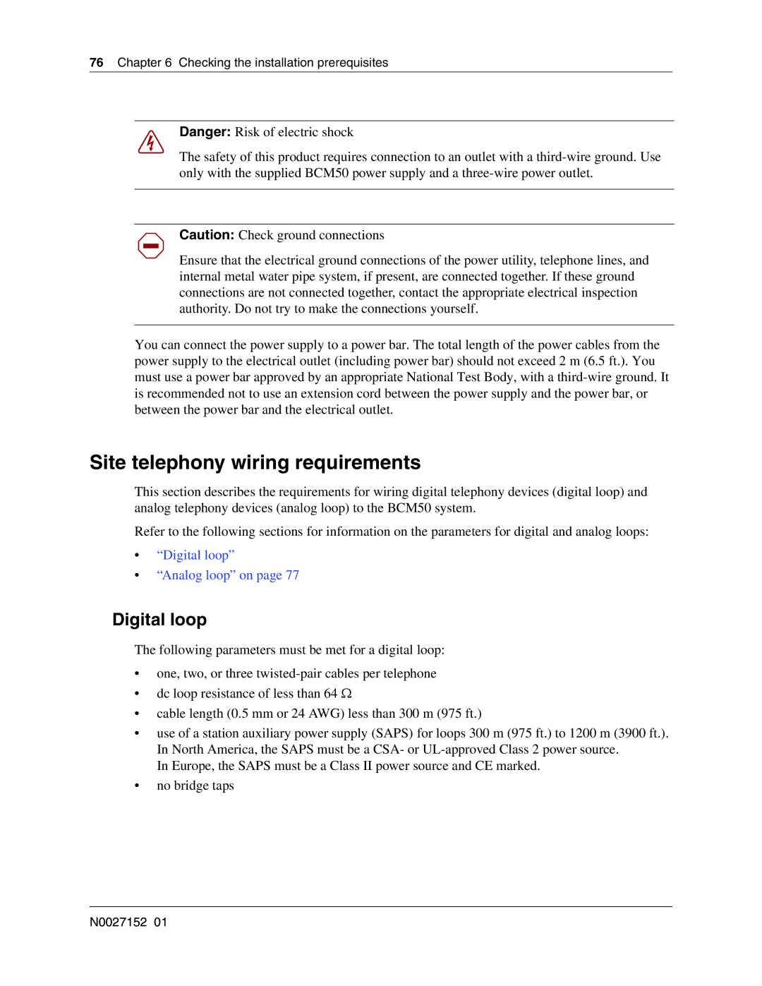 Nortel Networks BCM50 manual Site telephony wiring requirements, Digital loop 