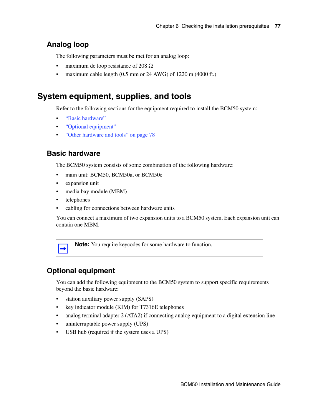 Nortel Networks BCM50 manual System equipment, supplies, and tools, Analog loop, Basic hardware, Optional equipment 