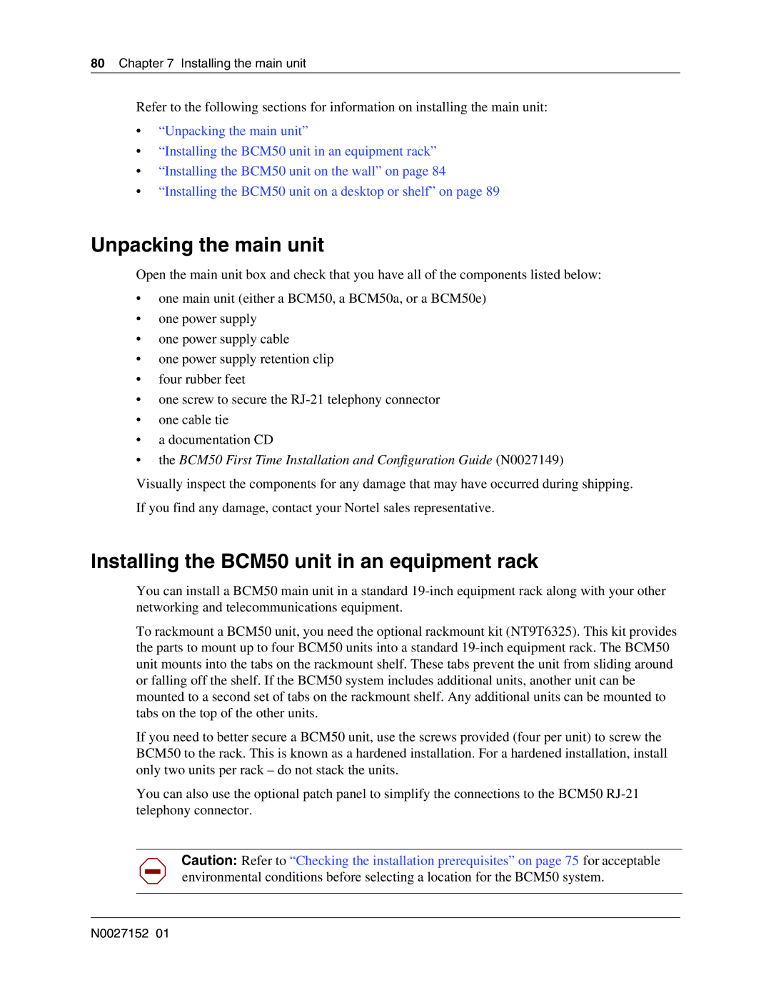 Nortel Networks manual Unpacking the main unit, Installing the BCM50 unit in an equipment rack, Installing the main unit 