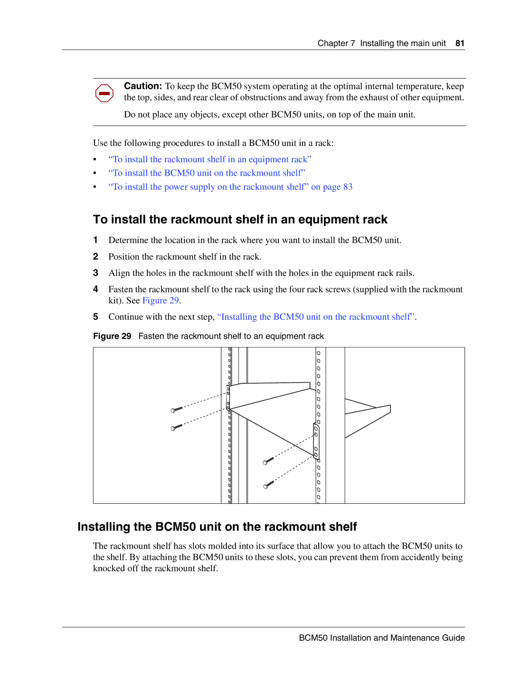 Nortel Networks BCM50 manual To install the rackmount shelf in an equipment rack 