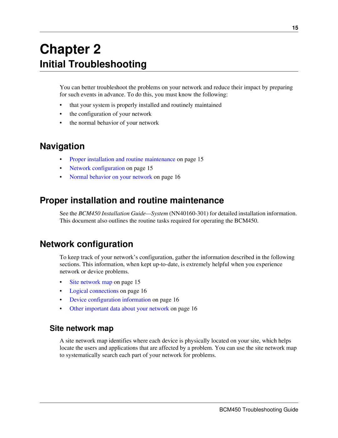 Nortel Networks BM450 Initial Troubleshooting, Navigation, Proper installation and routine maintenance, Site network map 