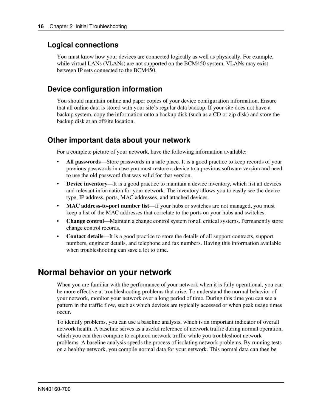 Nortel Networks BM450 manual Normal behavior on your network, Logical connections, Device configuration information 