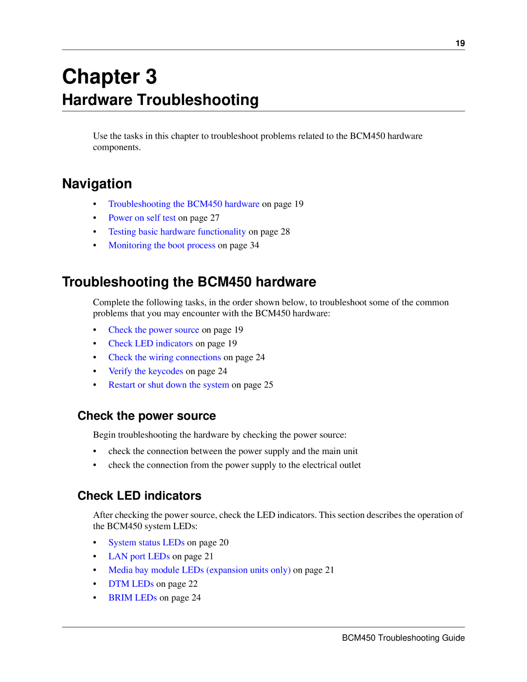 Nortel Networks BM450 manual Hardware Troubleshooting, Troubleshooting the BCM450 hardware, Check the power source 