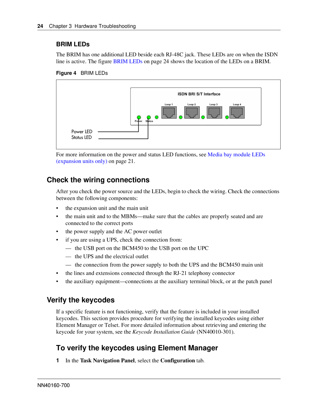 Nortel Networks BM450 Check the wiring connections, Verify the keycodes, To verify the keycodes using Element Manager 