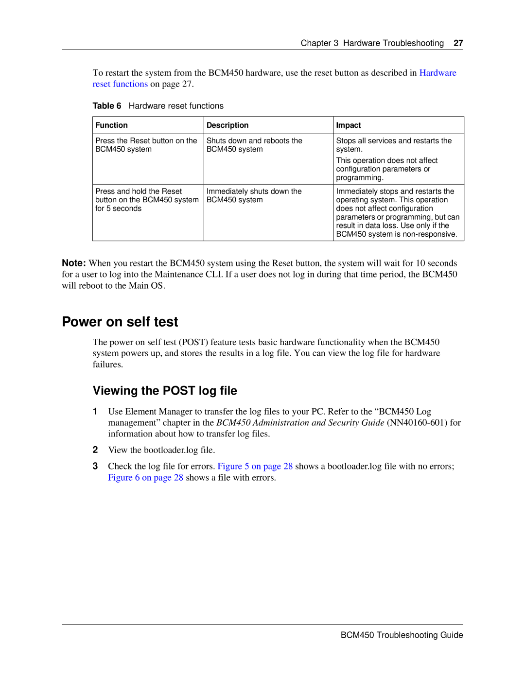 Nortel Networks BM450 manual Power on self test, Viewing the Post log file, Hardware reset functions 