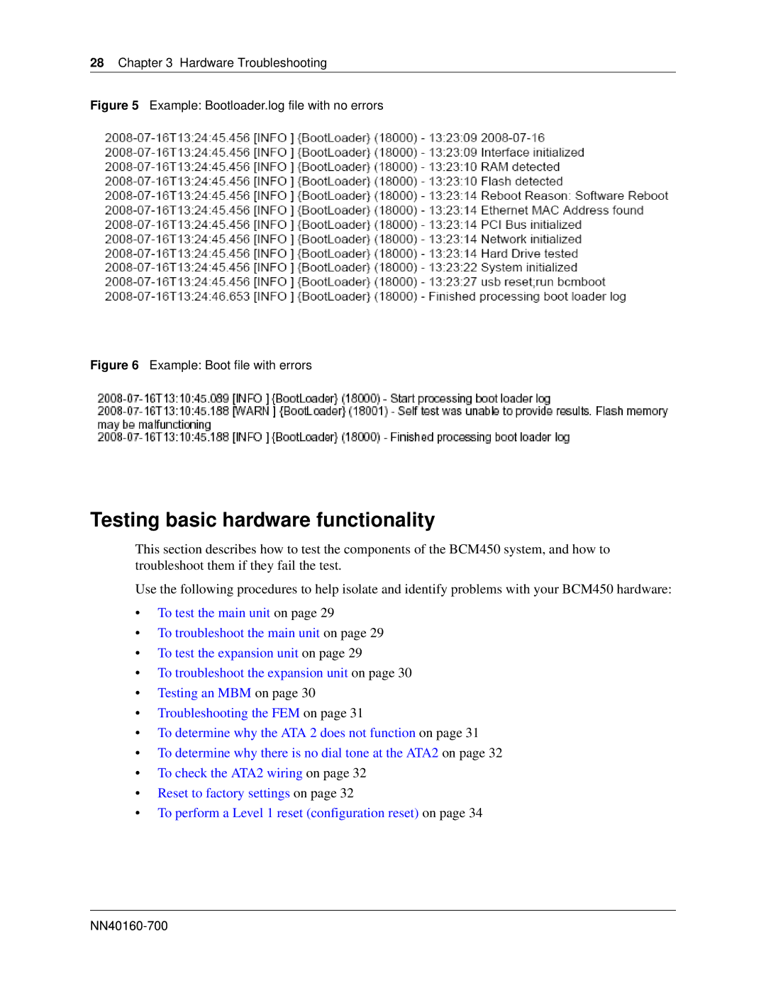 Nortel Networks BM450 manual Testing basic hardware functionality, Example Bootloader.log file with no errors 