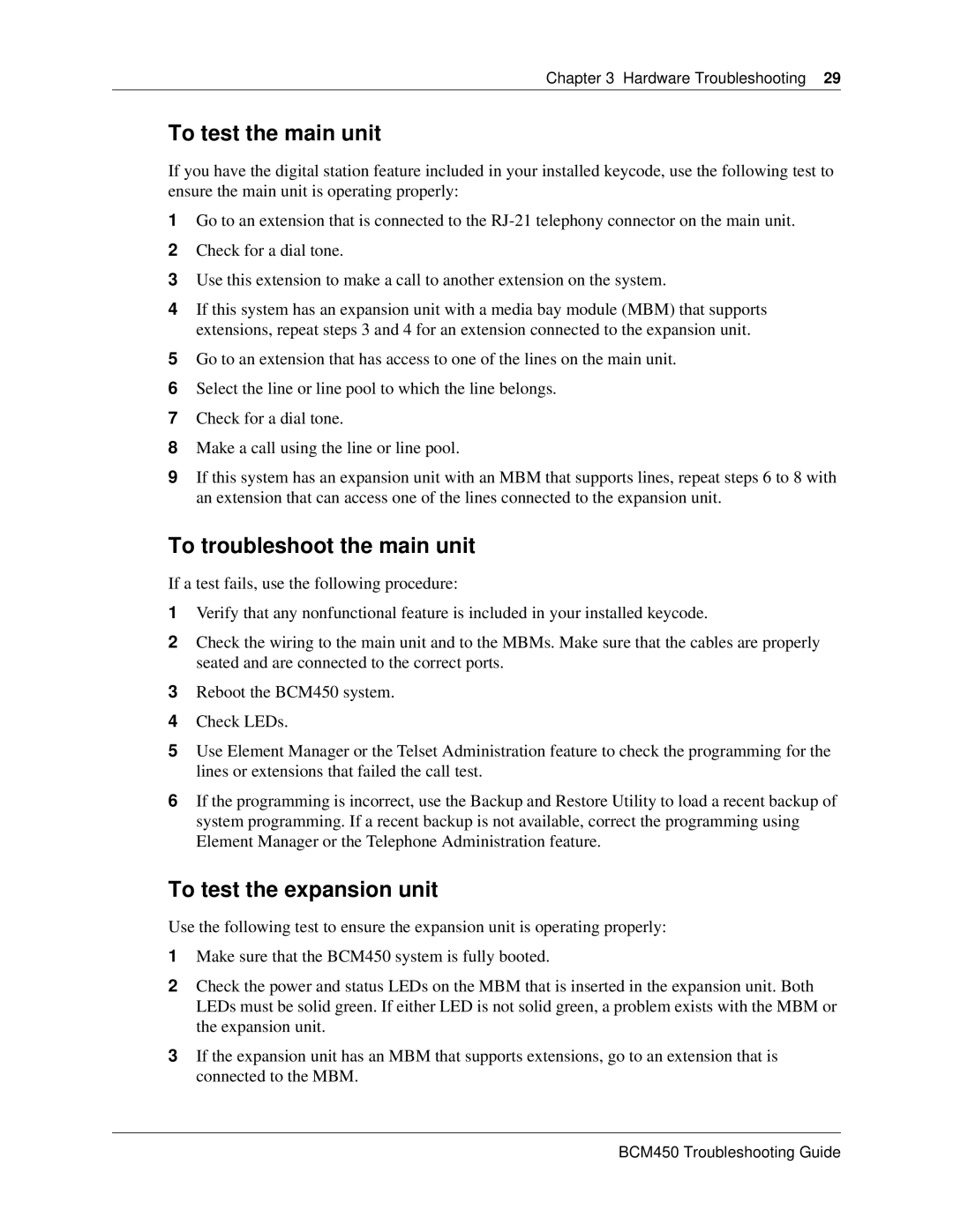 Nortel Networks BM450 manual To test the main unit, To troubleshoot the main unit, To test the expansion unit 