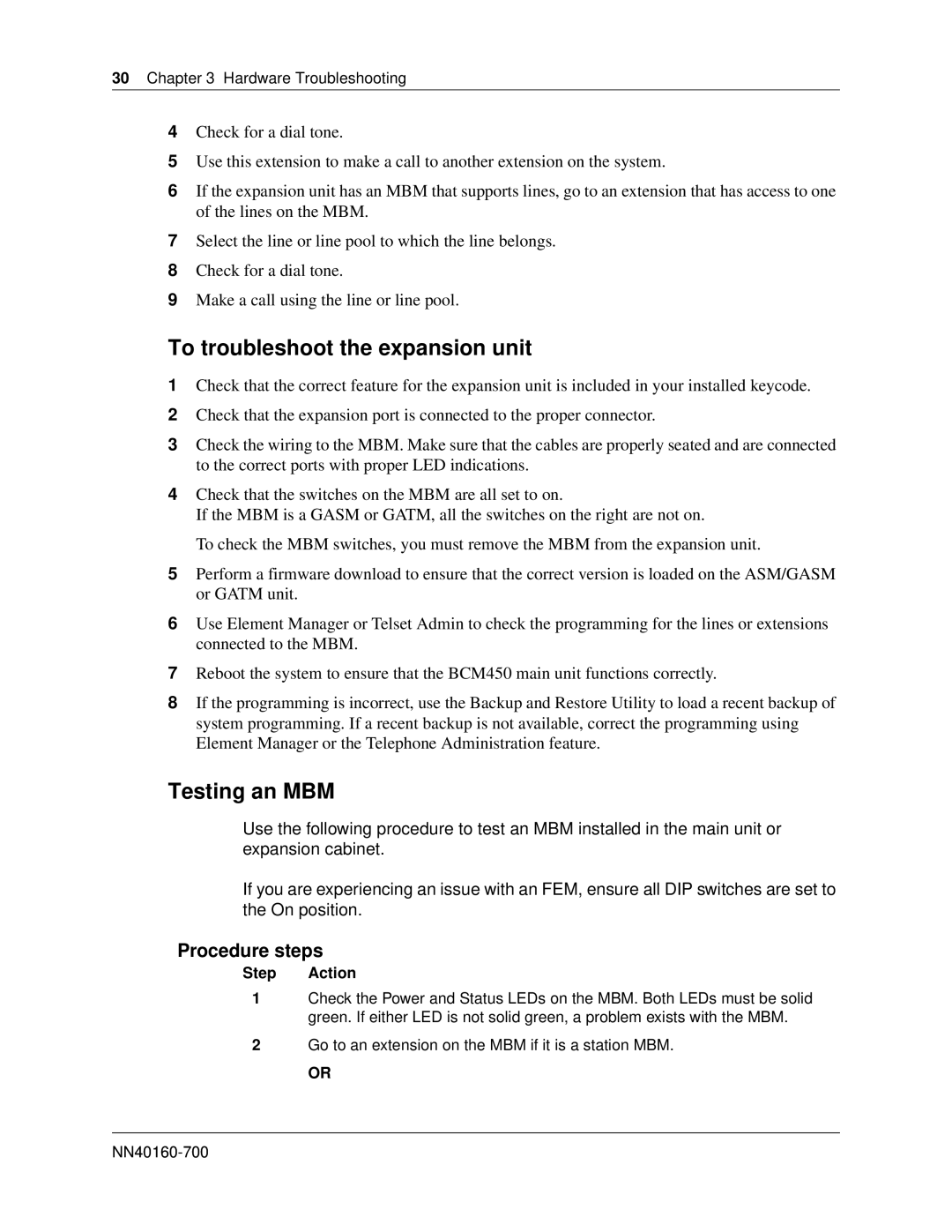 Nortel Networks BM450 manual To troubleshoot the expansion unit, Testing an MBM 