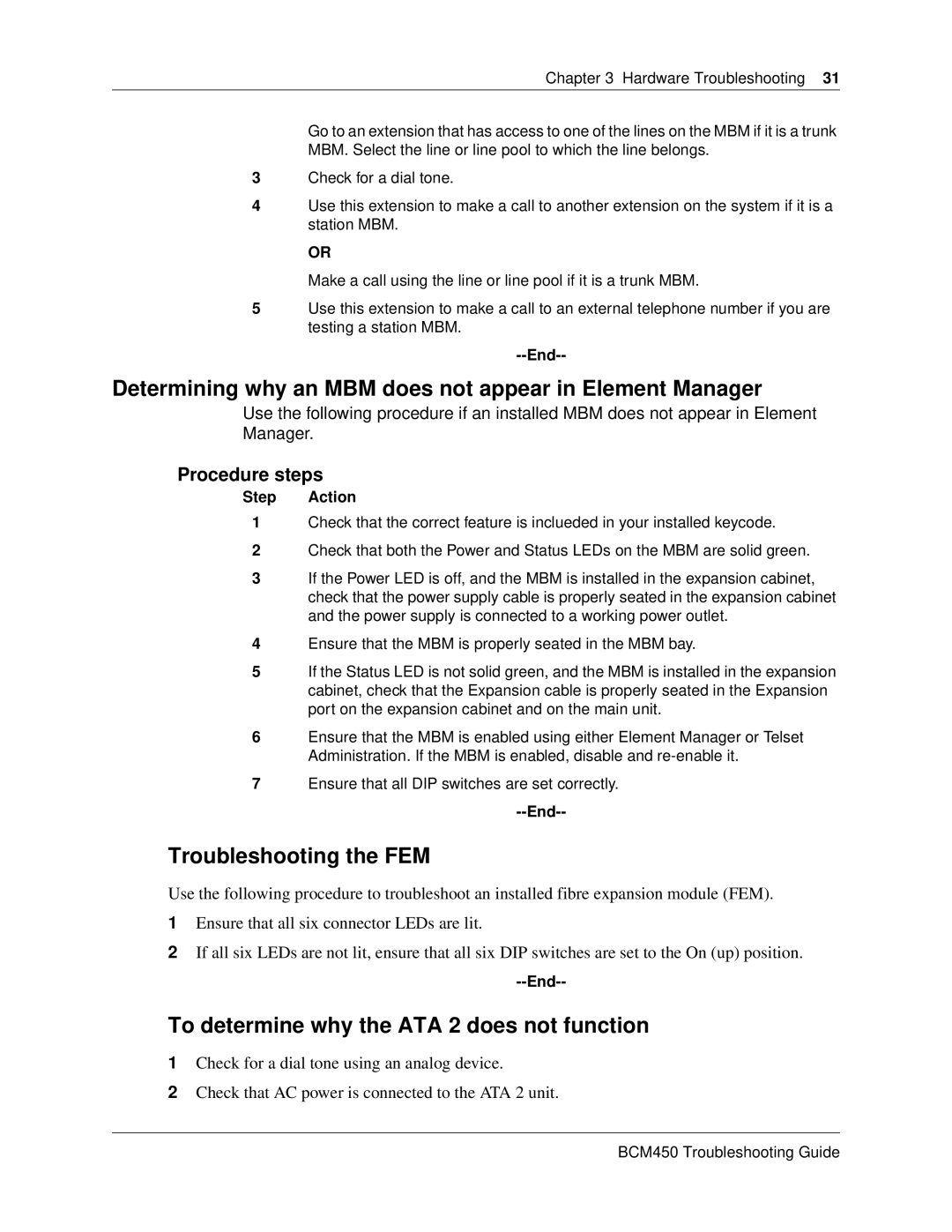 Nortel Networks BM450 manual Determining why an MBM does not appear in Element Manager, Troubleshooting the FEM 