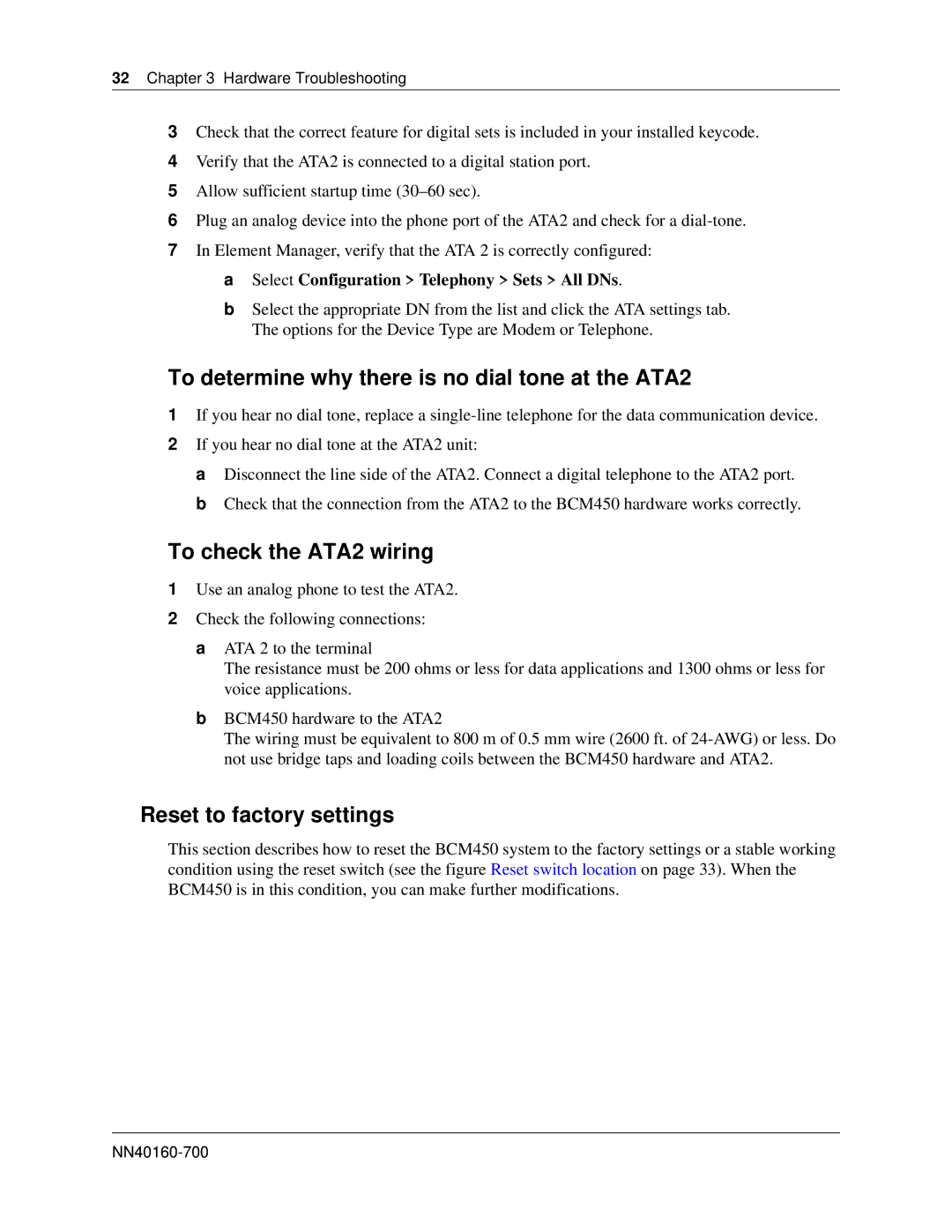 Nortel Networks BM450 manual To determine why there is no dial tone at the ATA2, To check the ATA2 wiring 