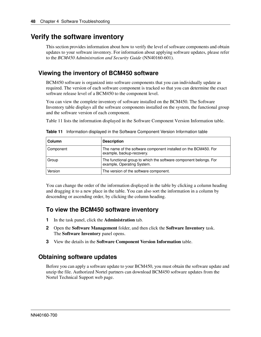 Nortel Networks BM450 Verify the software inventory, Viewing the inventory of BCM450 software, Obtaining software updates 