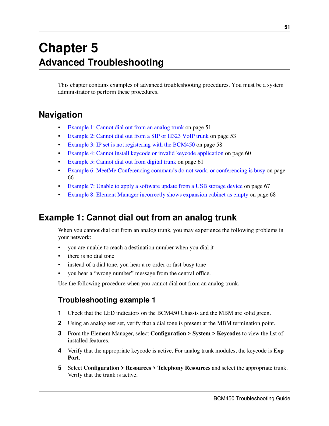 Nortel Networks BM450 Advanced Troubleshooting, Example 1 Cannot dial out from an analog trunk, Troubleshooting example 