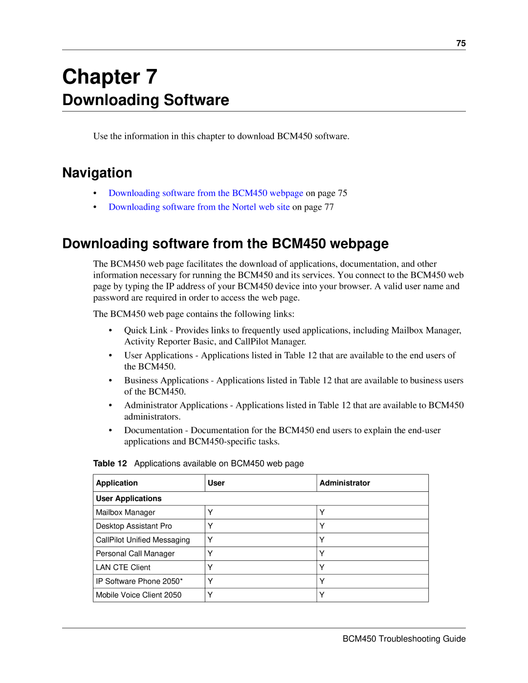 Nortel Networks BM450 manual Downloading Software, Downloading software from the BCM450 webpage 