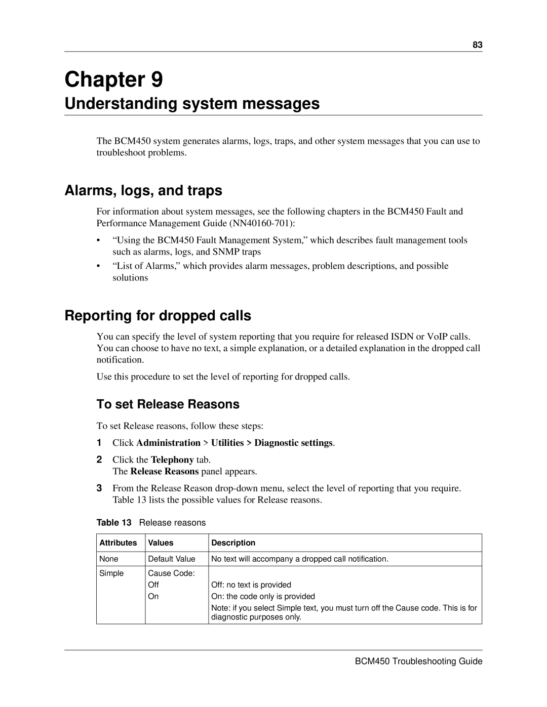 Nortel Networks BM450 Understanding system messages, Alarms, logs, and traps, Reporting for dropped calls, Release reasons 