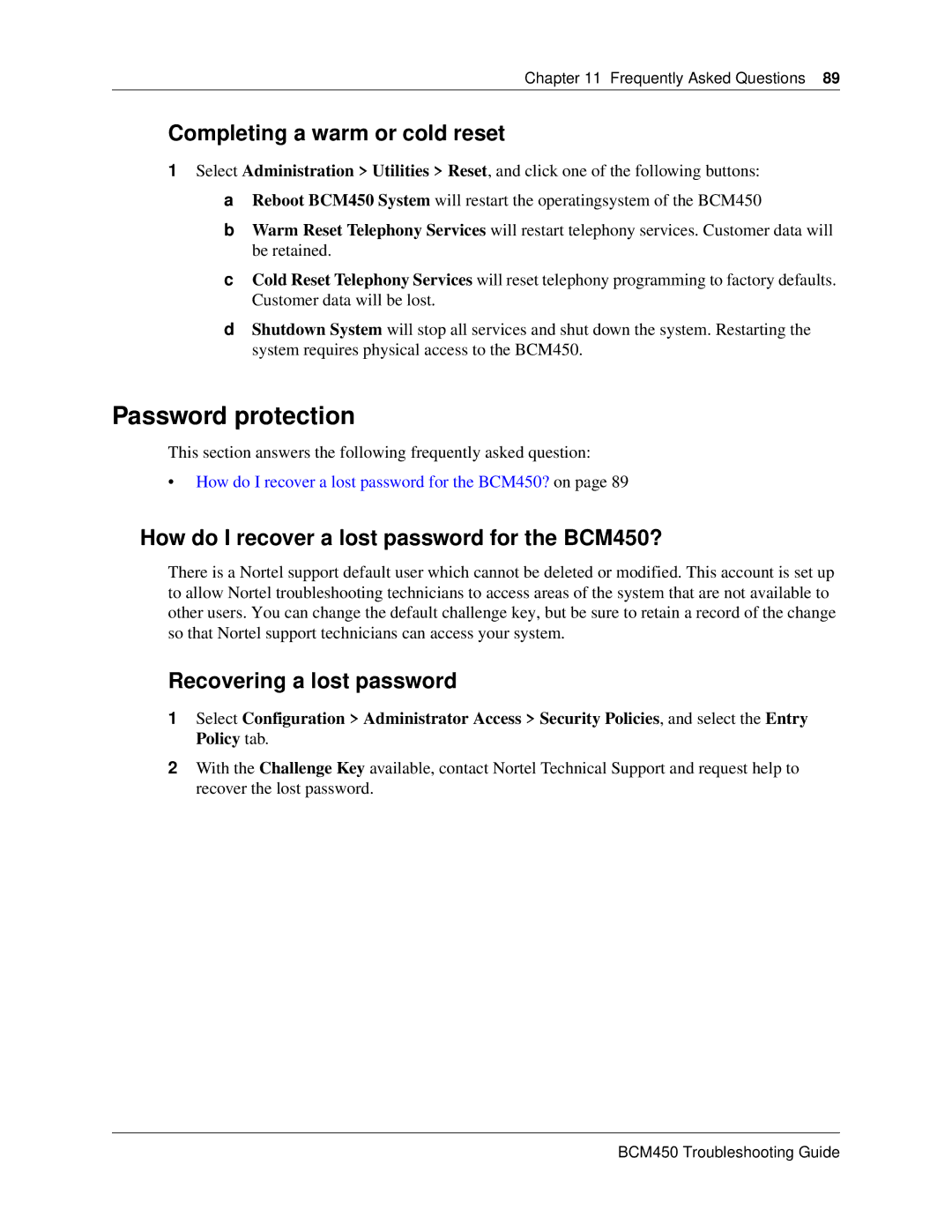 Nortel Networks BM450 manual Password protection, Completing a warm or cold reset, Recovering a lost password 