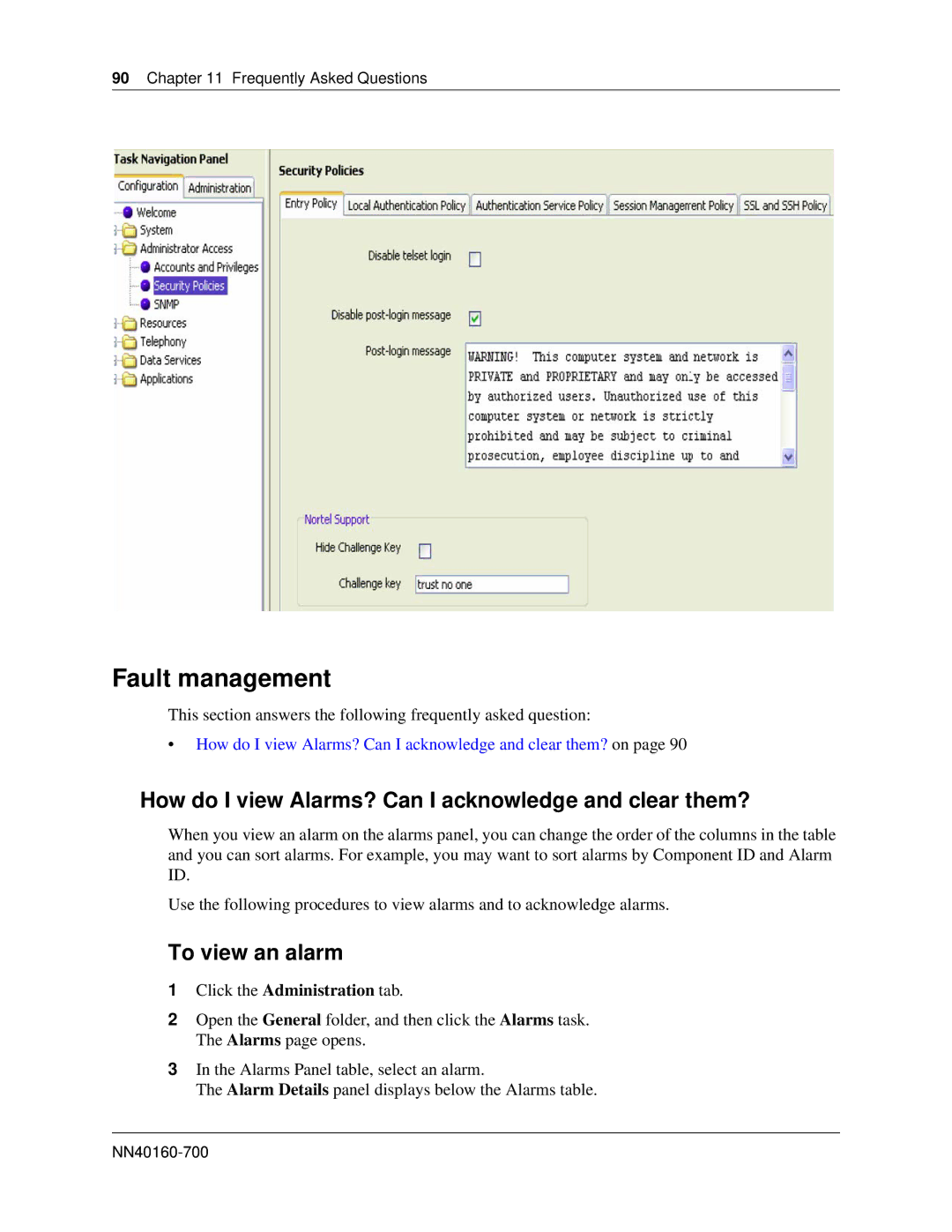 Nortel Networks BM450 manual Fault management, How do I view Alarms? Can I acknowledge and clear them?, To view an alarm 