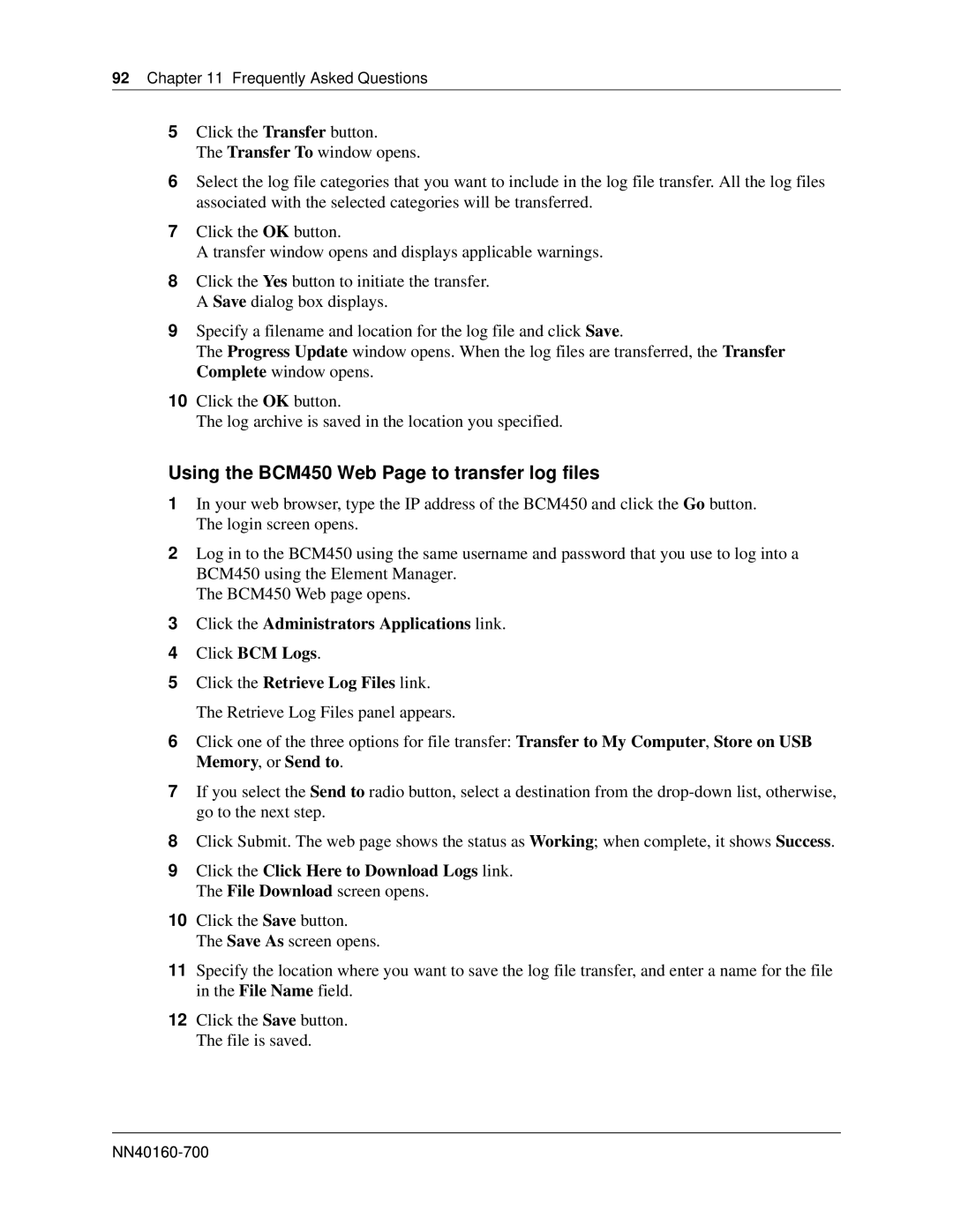 Nortel Networks BM450 manual Using the BCM450 Web Page to transfer log files 