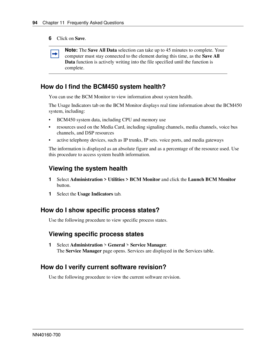 Nortel Networks BM450 How do I find the BCM450 system health?, Viewing the system health, Viewing specific process states 