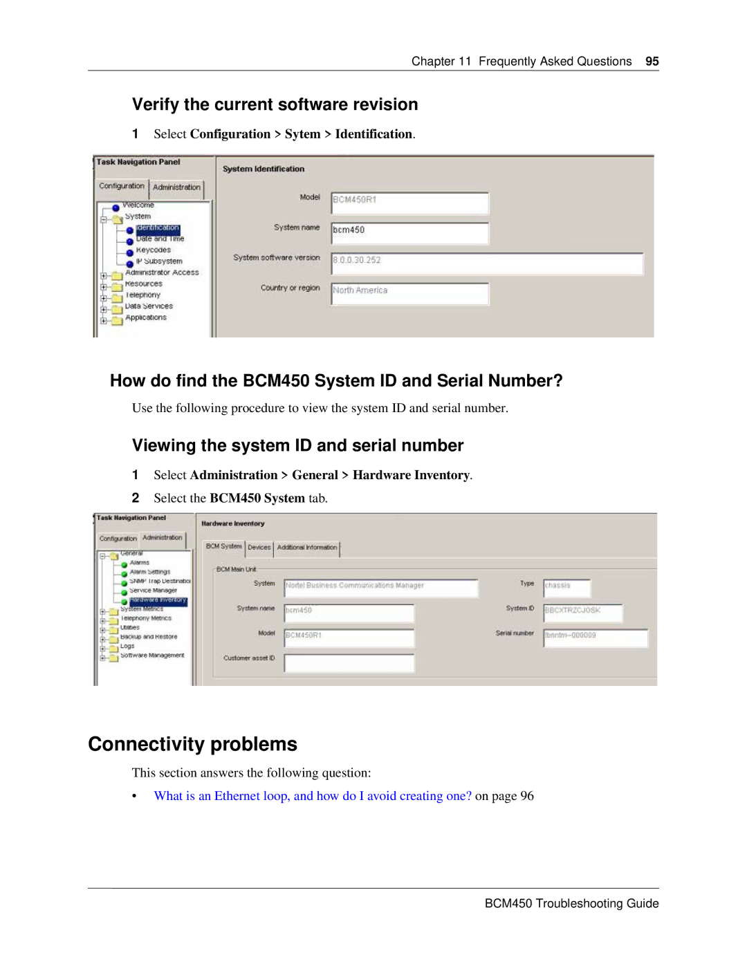 Nortel Networks BM450 Connectivity problems, Verify the current software revision, Viewing the system ID and serial number 