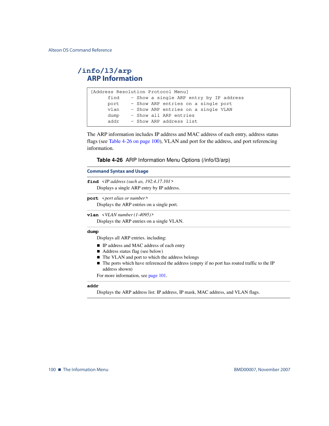 Nortel Networks BMD00007 manual Info/l3/arp, 26ARP Information Menu Options /info/l3/arp, Addr 