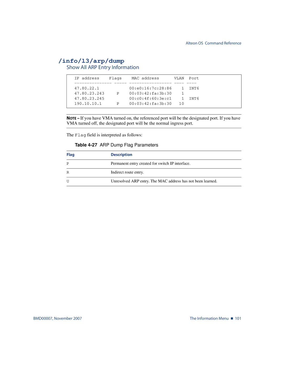 Nortel Networks BMD00007 manual Info/l3/arp/dump, Show All ARP Entry Information, 27ARP Dump Flag Parameters 