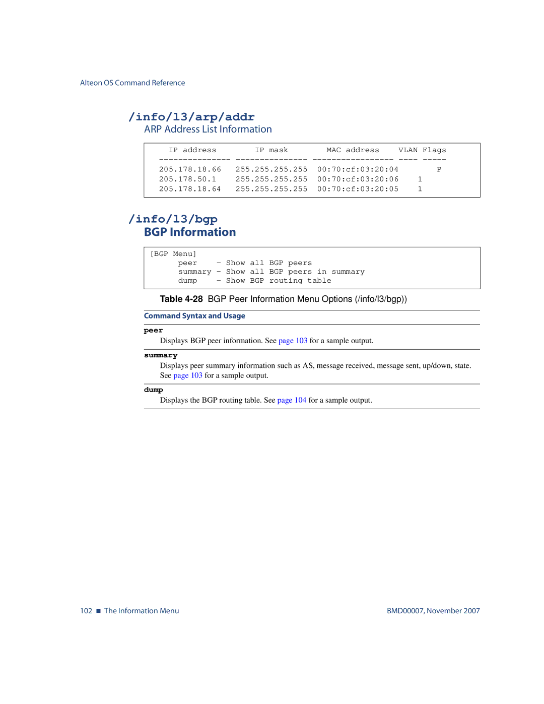 Nortel Networks BMD00007 manual Info/l3/arp/addr, Info/l3/bgp, BGP Information, ARP Address List Information 