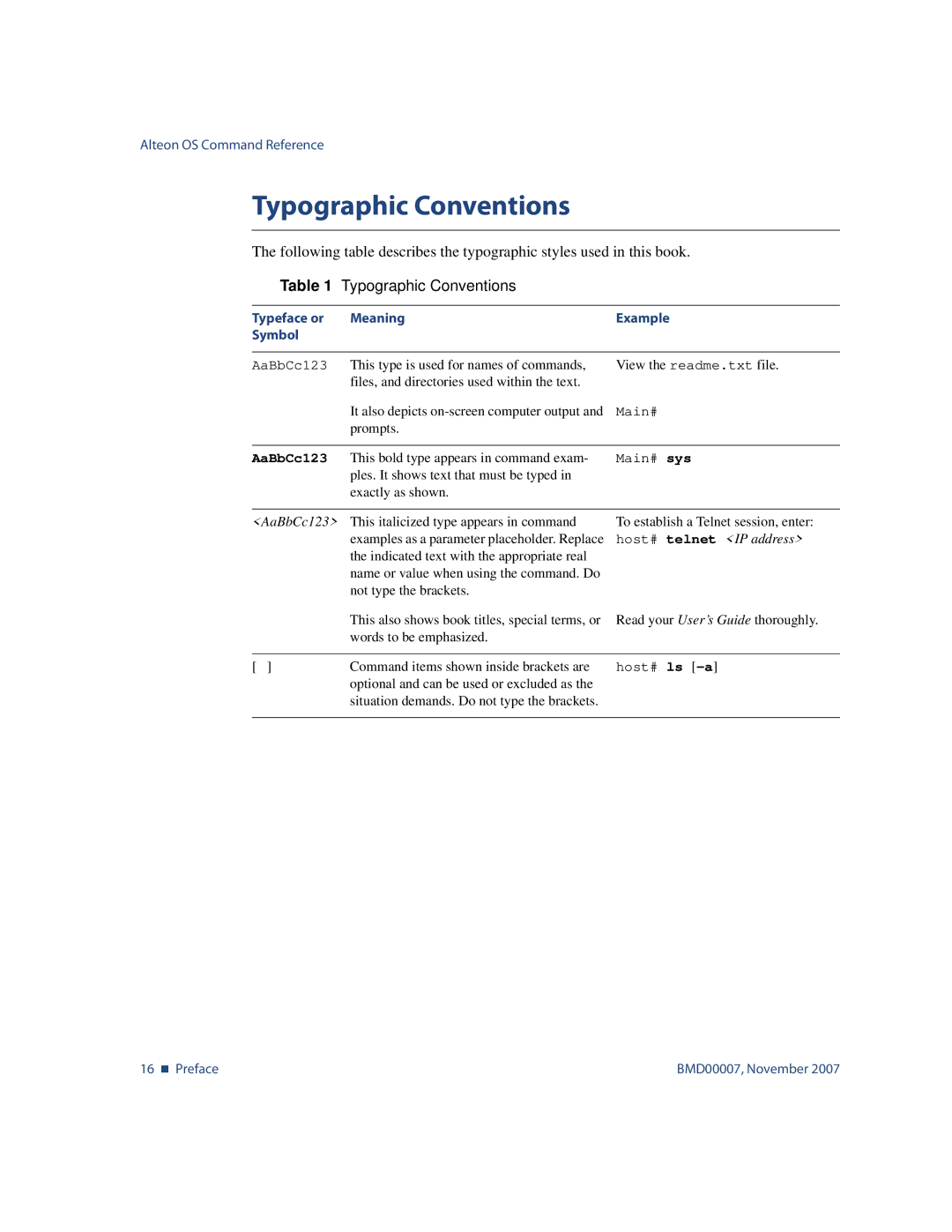 Nortel Networks BMD00007 manual Typographic Conventions, AaBbCc123 