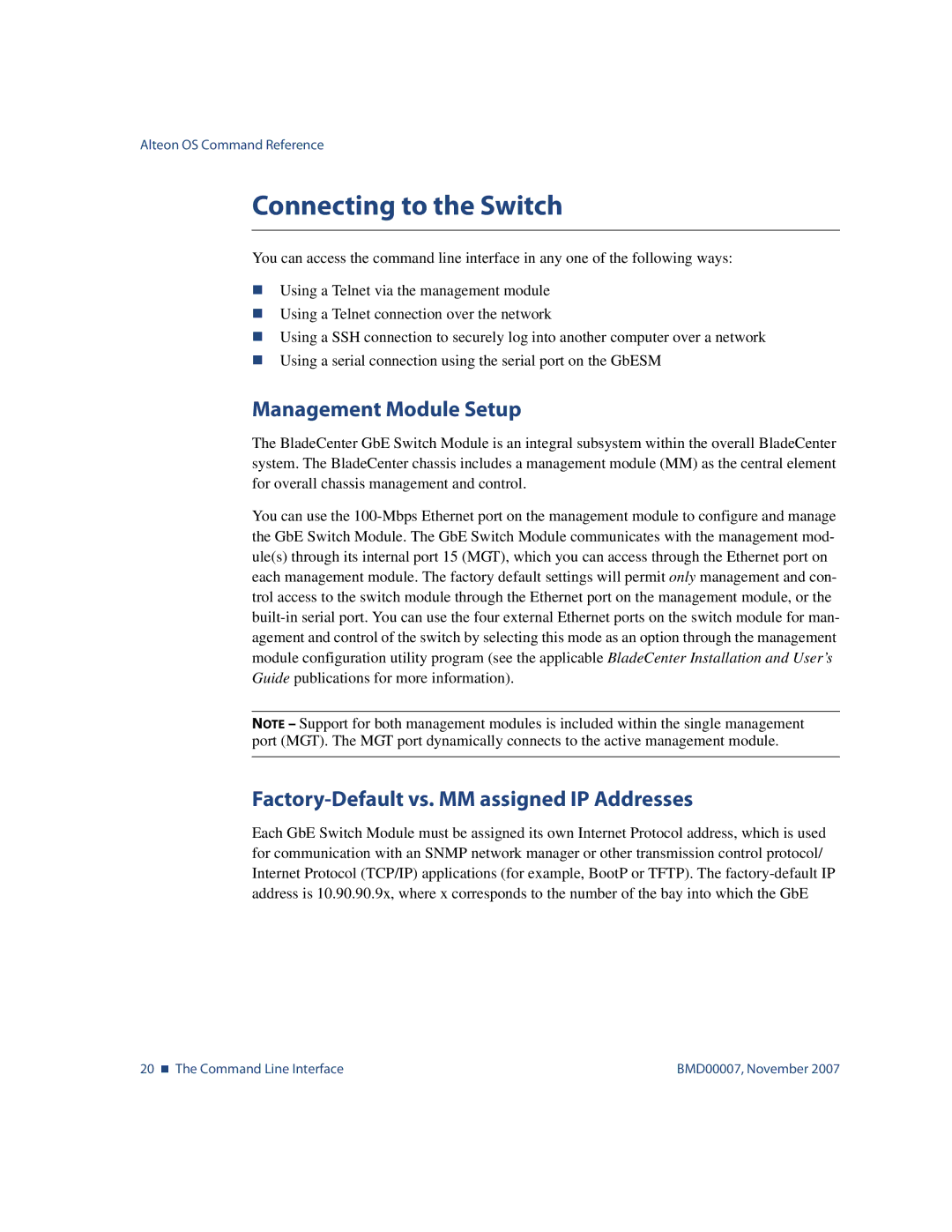 Nortel Networks BMD00007 Connecting to the Switch, Management Module Setup, Factory-Default vs. MM assigned IP Addresses 