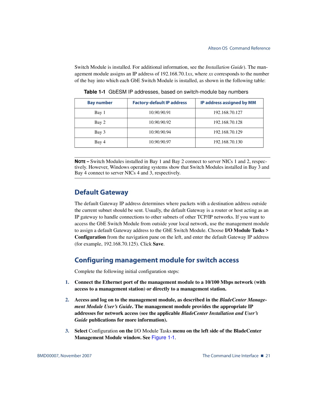 Nortel Networks BMD00007 manual Default Gateway, Configuring management module for switch access 