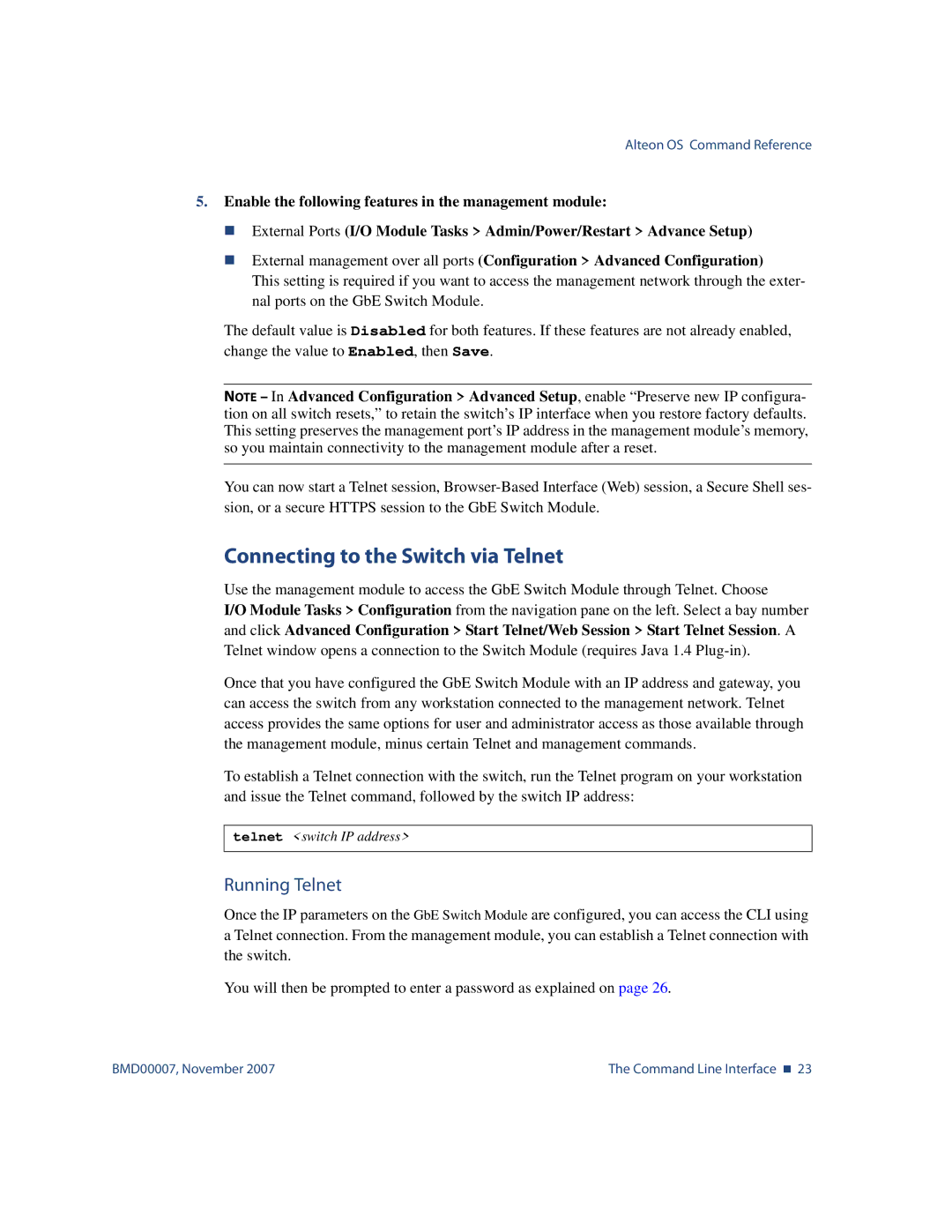 Nortel Networks BMD00007 manual Connecting to the Switch via Telnet, Running Telnet, Telnet switch IP address 