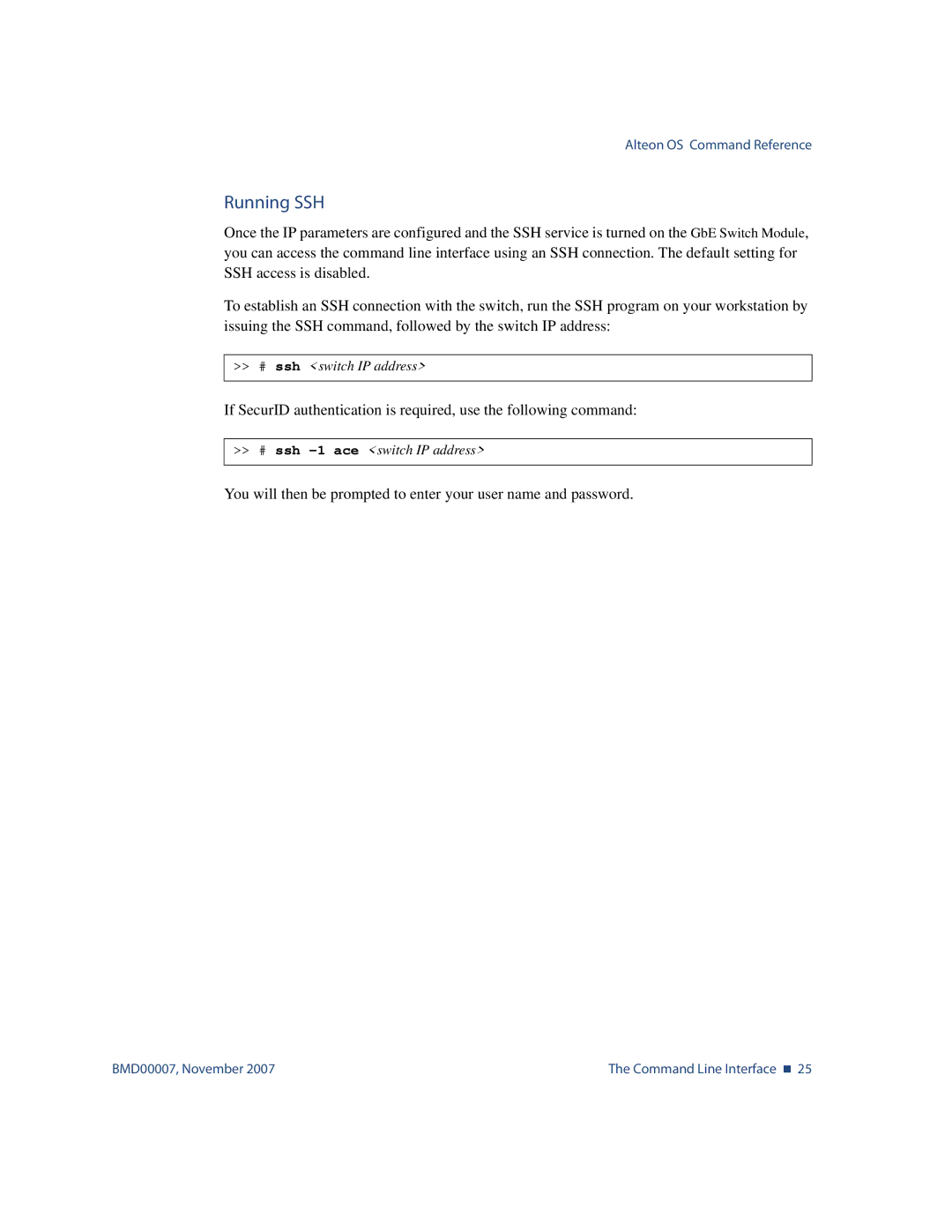 Nortel Networks BMD00007 manual Running SSH, # ssh switch IP address, # ssh -1 ace switch IP address 