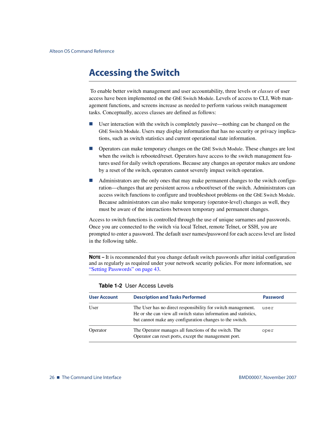 Nortel Networks BMD00007 manual Accessing the Switch, User Access Levels 