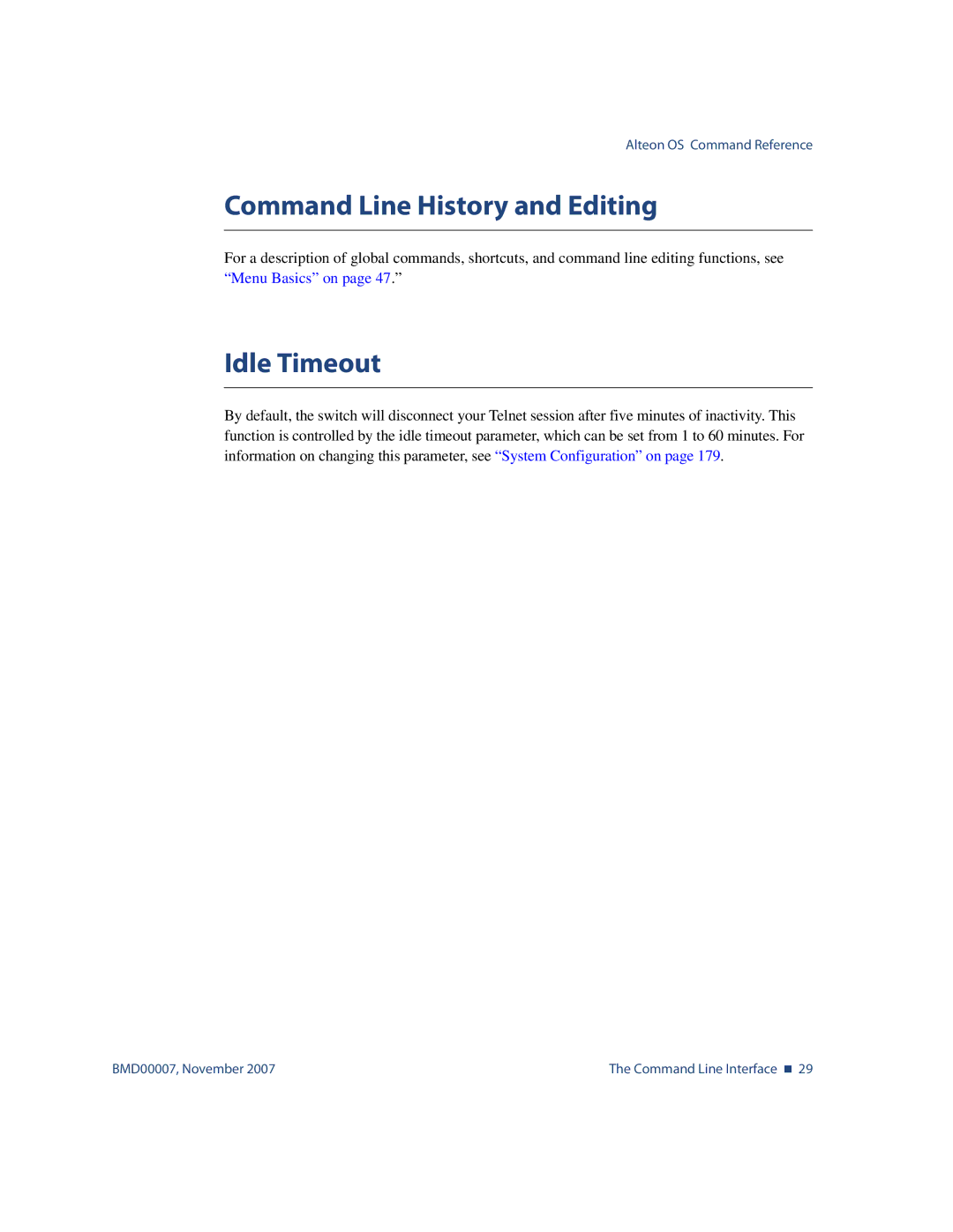 Nortel Networks BMD00007 manual Command Line History and Editing, Idle Timeout 