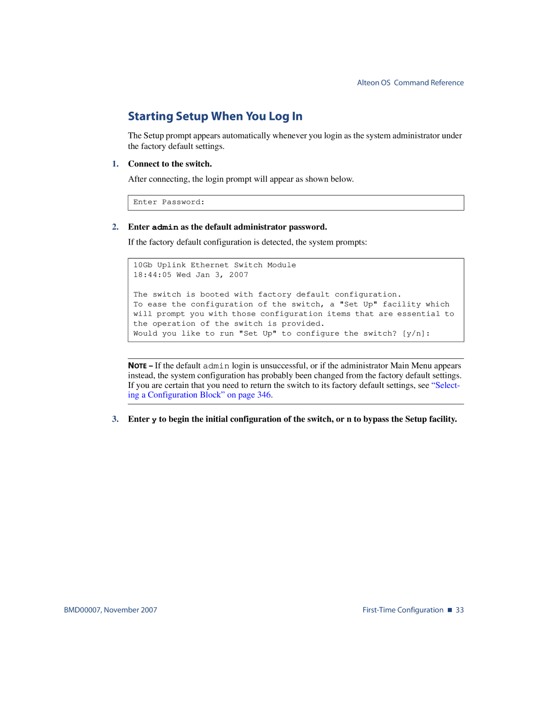 Nortel Networks BMD00007 manual Starting Setup When You Log, Enter admin as the default administrator password 