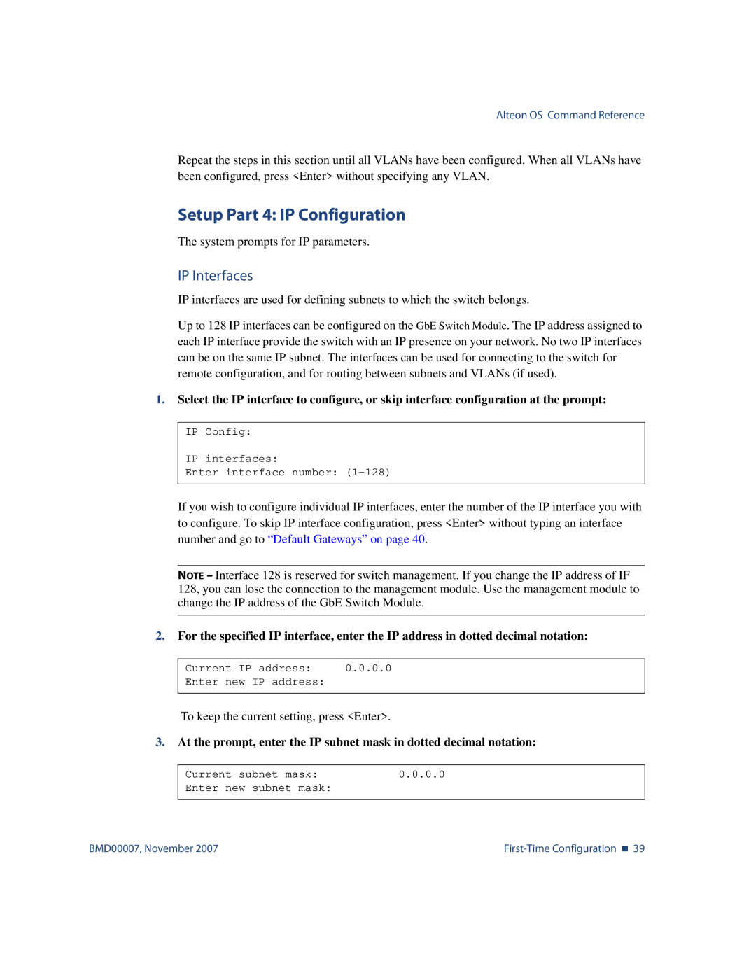 Nortel Networks BMD00007 manual Setup Part 4 IP Configuration, IP Interfaces 