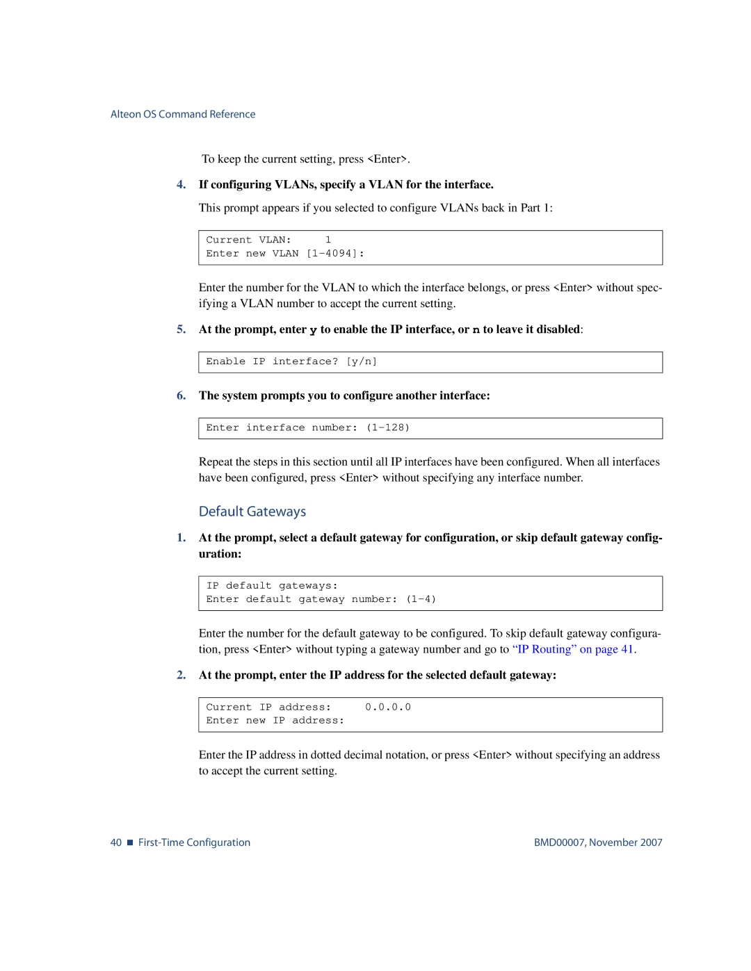 Nortel Networks BMD00007 manual Default Gateways, If configuring VLANs, specify a Vlan for the interface 