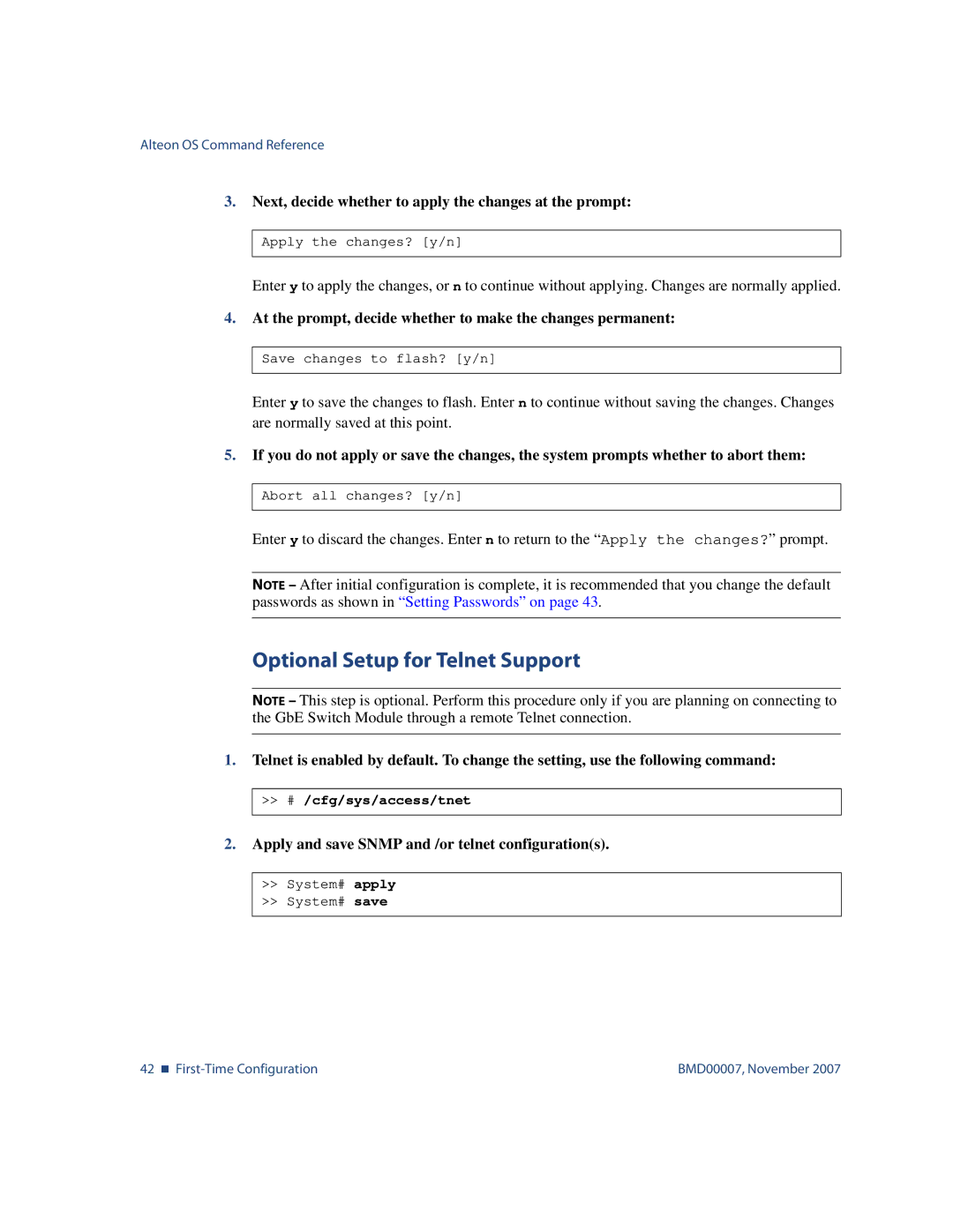 Nortel Networks BMD00007 manual Optional Setup for Telnet Support, # /cfg/sys/access/tnet 