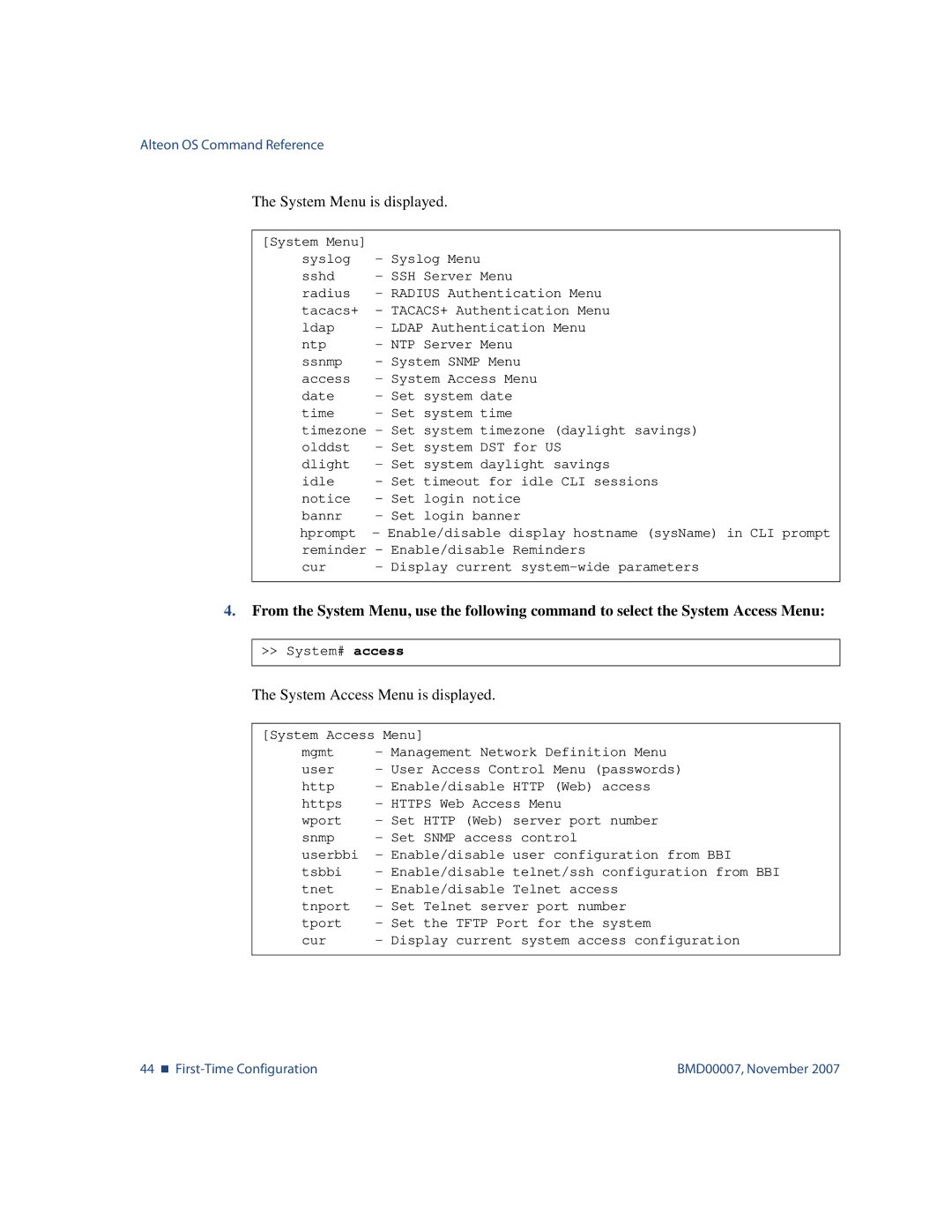 Nortel Networks BMD00007 manual System Menu is displayed 