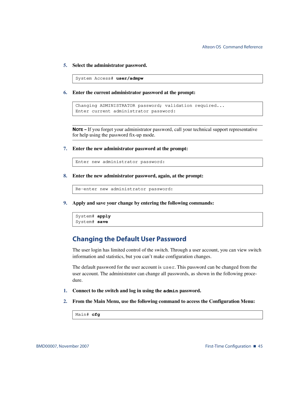 Nortel Networks BMD00007 manual Changing the Default User Password 