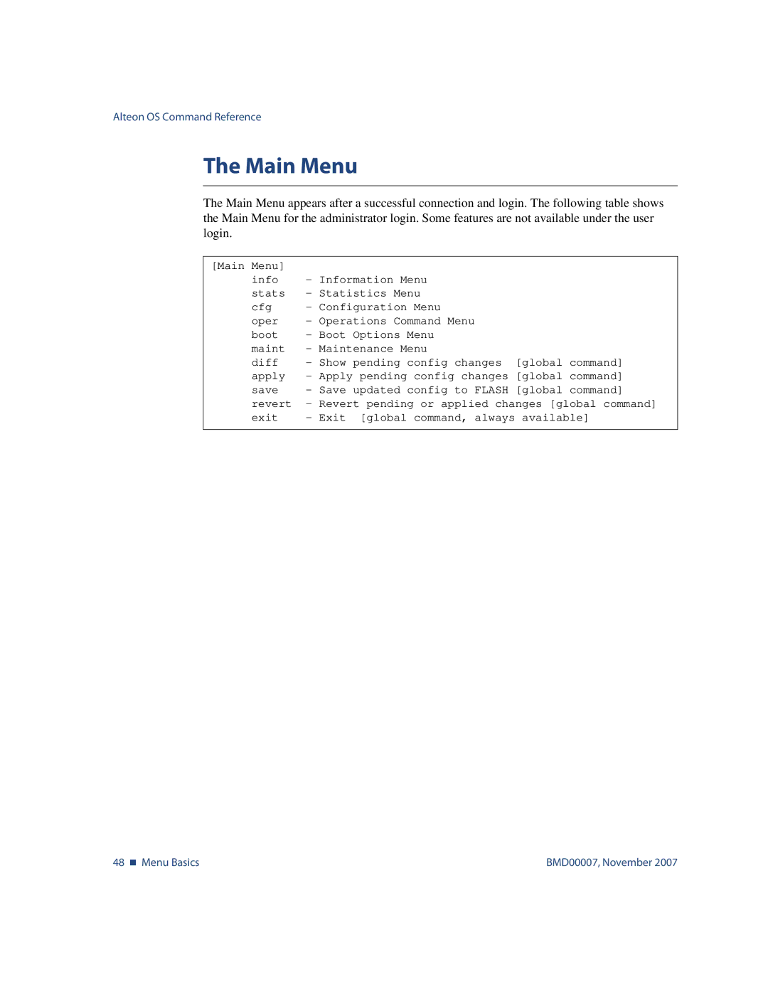 Nortel Networks BMD00007 manual Main Menu 