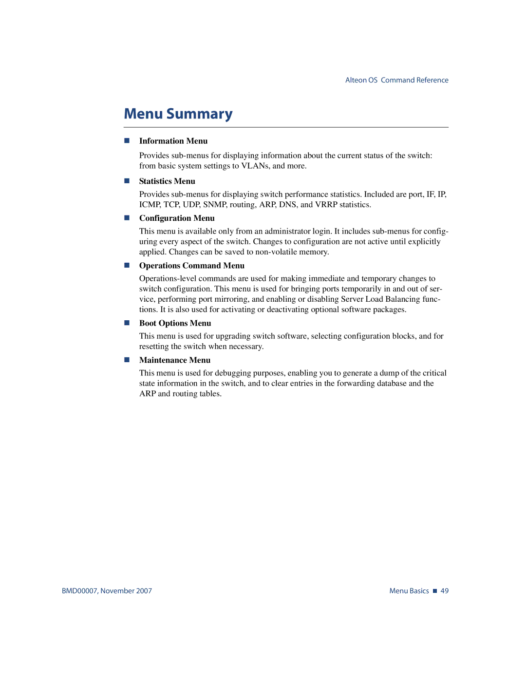 Nortel Networks BMD00007 manual Menu Summary, „ Information Menu 