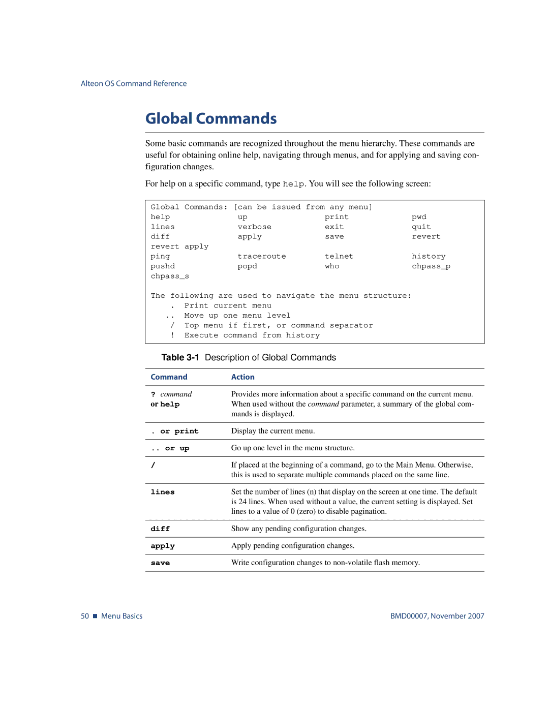 Nortel Networks BMD00007 manual Global Commands 