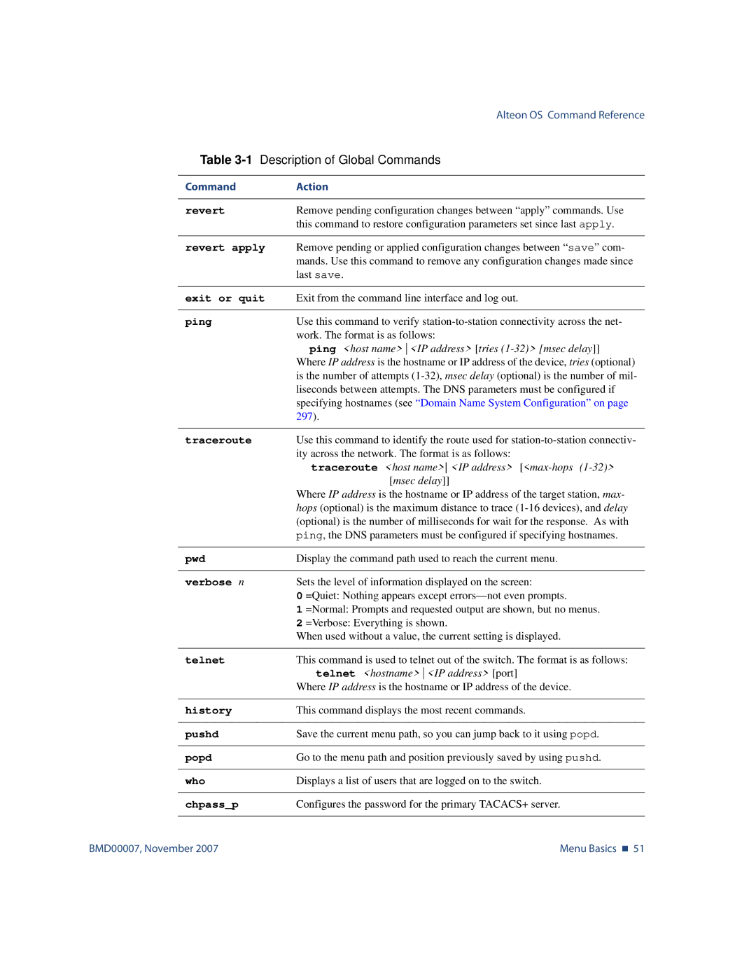 Nortel Networks BMD00007 manual 1Description of Global Commands 