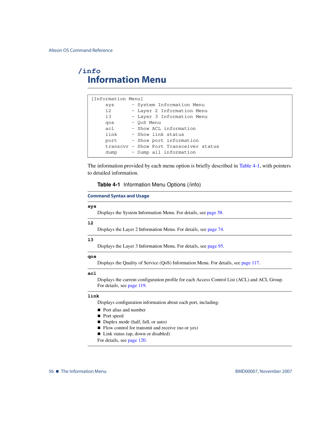 Nortel Networks BMD00007 manual 1Information Menu Options /info 