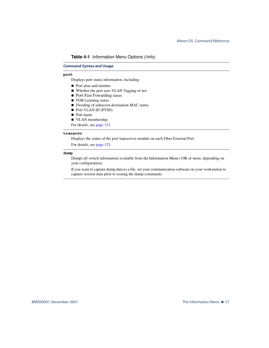 Nortel Networks BMD00007 manual Port, Transcvr, Dump 