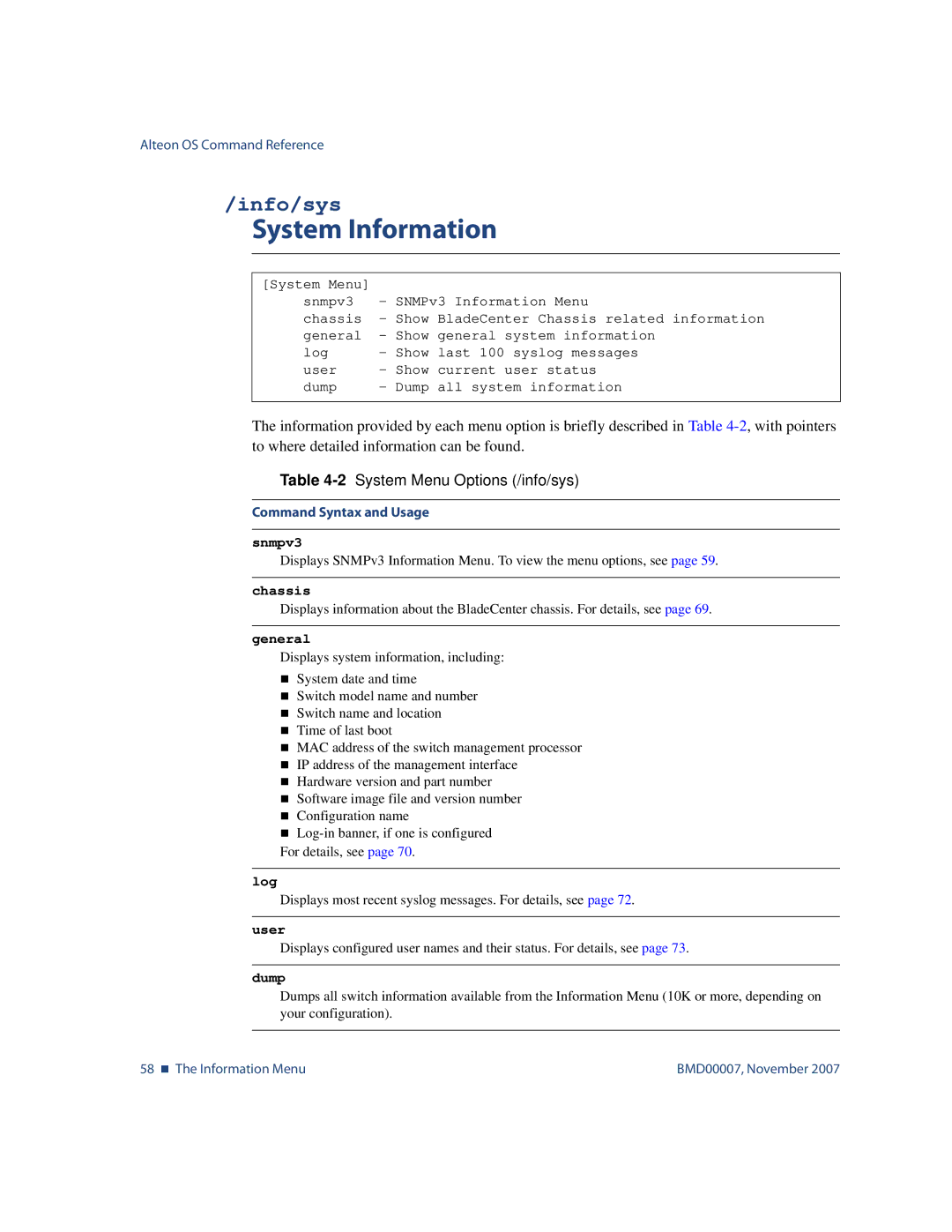 Nortel Networks BMD00007 manual System Information, Info/sys, 2System Menu Options /info/sys 