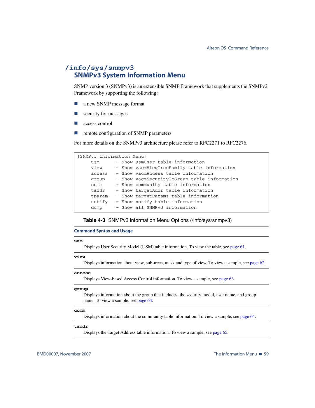 Nortel Networks BMD00007 manual Info/sys/snmpv3, SNMPv3 System Information Menu 